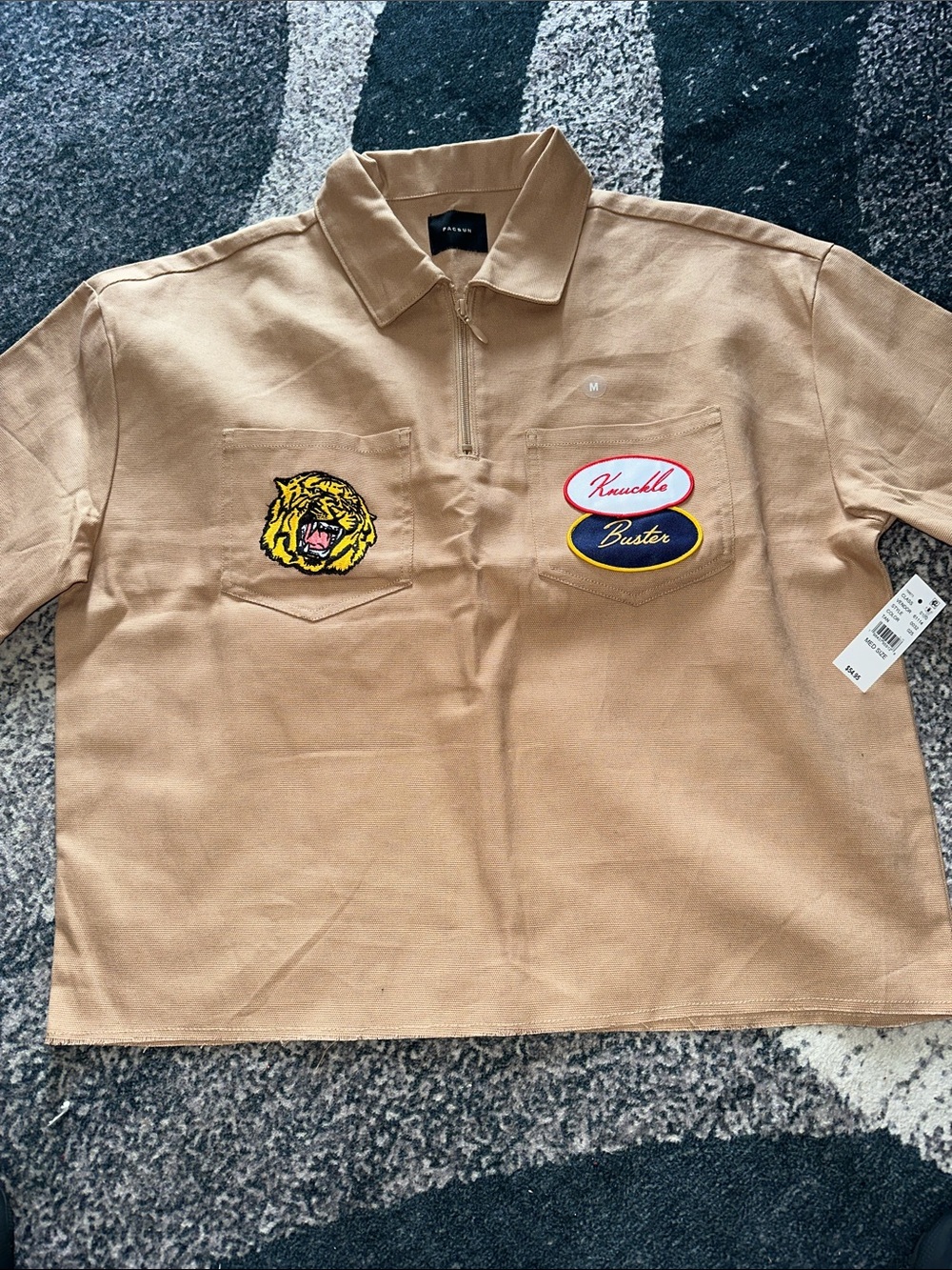 PacSun Men’s Beige Zip Polo Shirt with Tiger Patch